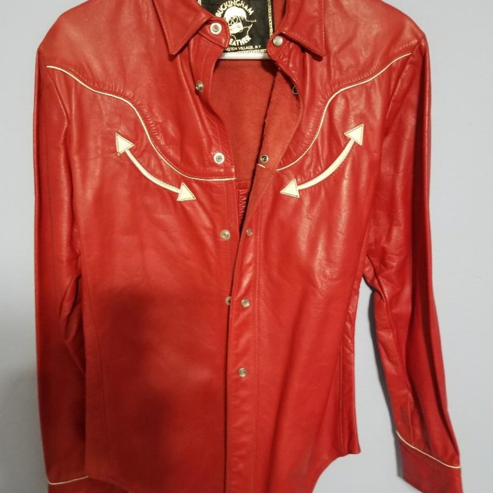 Vintage fancy red leather w/white details Buckingham Leather pearl snaps shirt